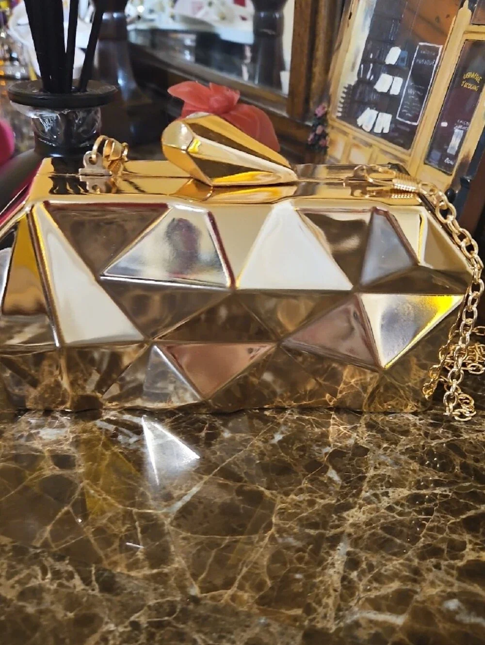 Gold Geometric Hardcase Evening Clutch with Chain